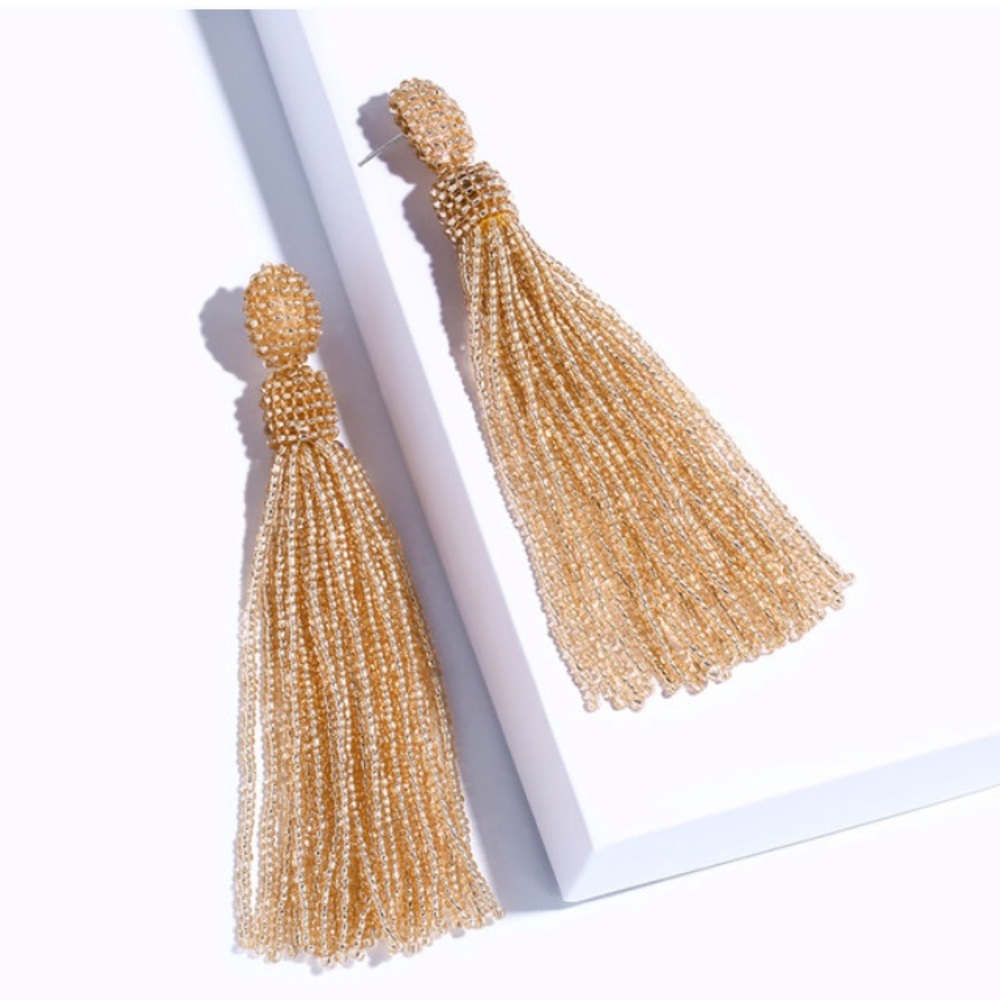GORGEOUS Long Gold Iridescent Glass Bead Tassel Earrings